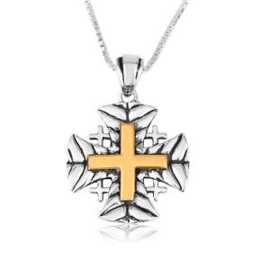 Two-Tone 925 Sterling Silver and 18K Gold-Plated Jerusalem Cross Necklace with Sculpted Leaf Motif