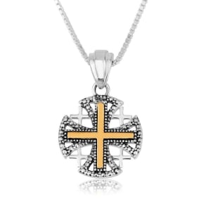 Two-Tone Flared Jerusalem Cross Necklace in 18K Gold Plating and 925 Sterling Silver with Dotted Design