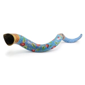 Hand Painted Kudu Shofar Horn with Pomegranates on Blue and Jerusalem Inscription
