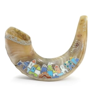 Hand Painted Ram’s Horn Shofar with Menorah and Jerusalem in Pastels 