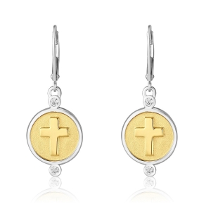 Sterling Silver Dangle Earrings with Gold Plated Latin Cross Discs and Zircon Stones