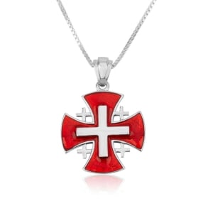 Flared Jerusalem Cross Necklace in 925 Sterling Silver and Red Enamel