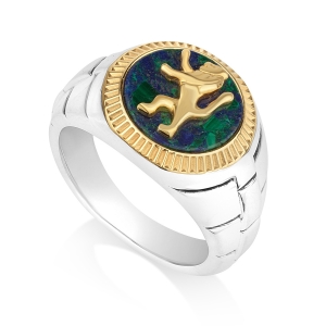 Marina Jewelry Men's Sterling Silver and Gold-Plated Lion of Judah Ring with Eilat Stone