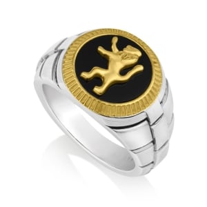 Men's Sterling Silver and Gold-Plated Round Lion of Judah Ring with Brick Design