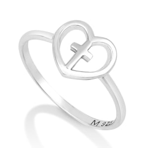 Women's Slim Sterling Silver Latin Cross and Heart Ring by Marina Jewelry