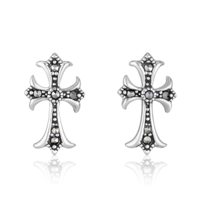 Sterling Silver Fleur de Lis Latin Cross Stud Earrings with Marcasite Stones