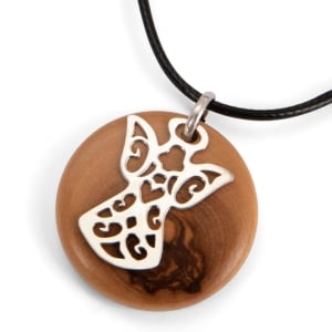 Olive Wood and Sterling Silver Angel Love Heart Necklace