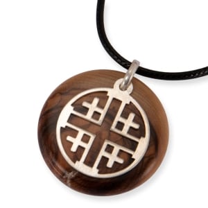 Authentic Olive Wood and 925 Sterling Silver Jerusalem Cross Necklace