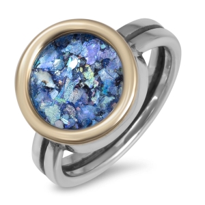 925 Sterling Silver Silver and 9K Gold Ring with Roman Glass
