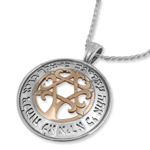 Sterling Silver and 9k Gold Star of David Tree of Life Circle Necklace with Blessing