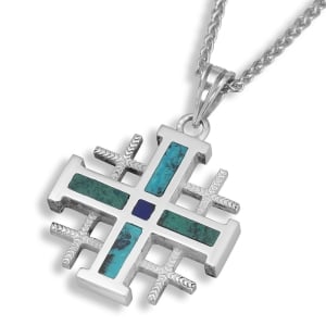 925 Sterling Silver Designer Jerusalem Cross Necklace with Eilat Stone Inlay