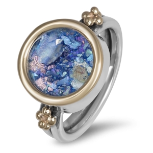 925 Sterling Silver Silver and Roman Glass Ring with 9K Gold Decorations