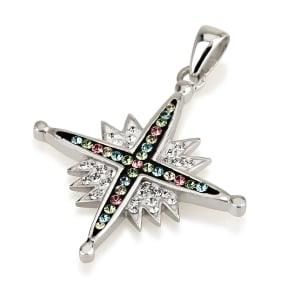 Rhodium Plated Sterling Silver Star of Bethlehem Cross Necklace with Gemstones (Choice of Colors)