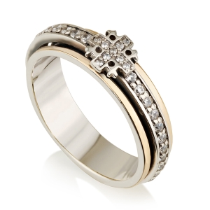 Emuna Studio Sterling Silver Slender Jerusalem Cross Spinner Ring with 9K Gold and Cubic Zirconia