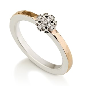 Emuna Studio Sterling Silver and 9K Gold Hammered Jerusalem Cross Ring with CZ Accents