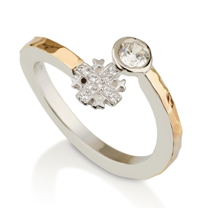 Emuna Studio Sterling Silver and 9K Gold Jerusalem Cross Wraparound Ring with CZ Accents