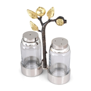 Yair Emanuel Glass Salt and Pepper Shakers in Pomegranate Stand