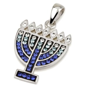 Sterling Silver Seven Branched Menorah Pendant with Crystal Stones (Choice of Colors)