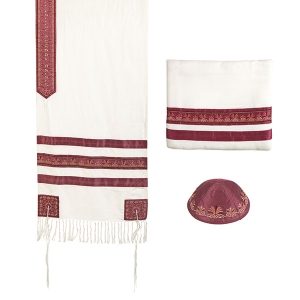 Yair Emanuel Embroidered Striped Tallit Prayer Shawl Set (Maroon)