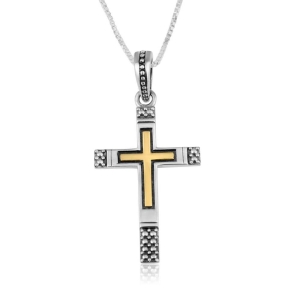 925 Sterling Silver Trinity Cross Necklace with Gold Plating and Dotted Design