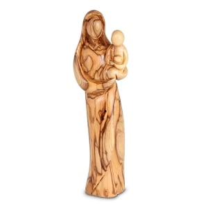 Olive Wood Hand-Carved Virgin Mary with Baby Jesus Figurine