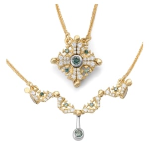 Women's 14K Gold Convertible Magnetic Jerusalem Cross Necklace with Blue and White Diamonds