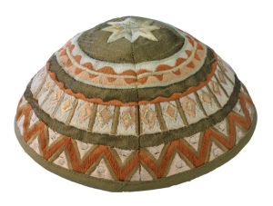 Yair Emanuel Embroidered Silk Kippah with Geometric Design (Olive Green)