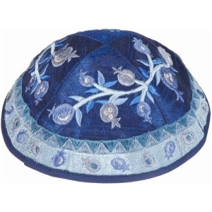Yair Emanuel Embroidered Silk Kippah with Pomegranates (Blue)