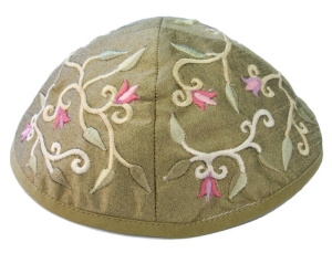 Yair Emanuel Embroidered Silk Kippah with Flower Design (Olive Green)