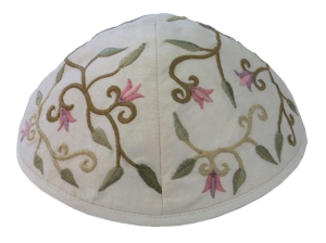 Yair Emanuel Embroidered Silk Kippah with Flower Design (White)