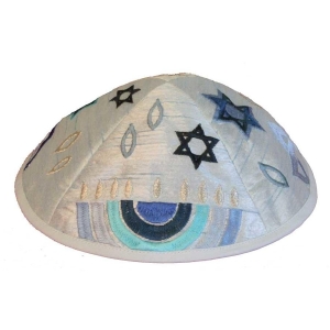 Yair Emanuel Embroidered Silk Kippah with Traditional Symbols - Color Option