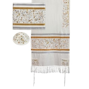 Yair Emanuel Embroidered Raw Silk Tallit Prayer Shawl Set with Birds and Flowers Design (Gold and Silver)