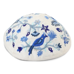 Yair Emanuel Embroidered Silk Kippah with Birds and Flowers