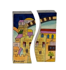 Yair Emanuel Handpainted Salt and Pepper Shaker Set With Jerusalem Motif