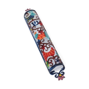 Yair Emanuel Laser-Cut Metal Mezuzah Case with Hand Painted Birds 