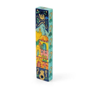 Yair Emanuel Hand Painted Wooden Mezuzah Case with Old City of Jerusalem Design