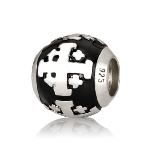925 Sterling Silver Round Jerusalem Cross Bead Charm with Black Enamel