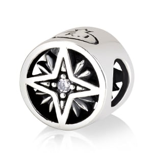 Emuna Studio Rhodium Plated Silver Cylindrical Cutout Star of Bethlehem Bead Charm with CZ