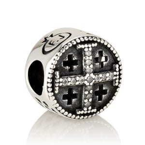 Antique-Style Cylindrical Jerusalem Cross Bead Charm with Zircons in 925 Sterling Silver