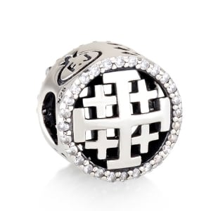 925 Sterling Silver Cylindrical Cutout Jerusalem Cross Bead Charm with Zircon-Studded Border