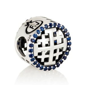 925 Sterling Silver Cylindrical Cutout Jerusalem Cross Bead Charm with Blue Zircons