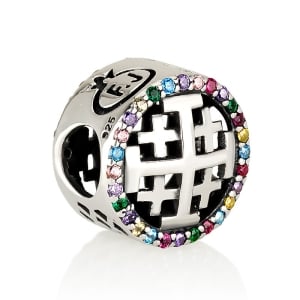 925 Sterling Silver Cylindrical Cutout Jerusalem Cross Bead Charm with Multi-Colored Zircons