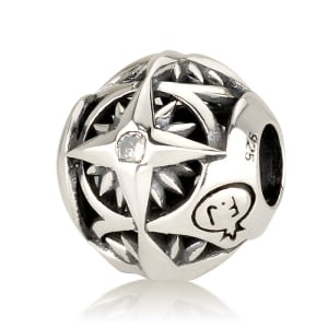 Emuna Studio Rhodium Plated Silver Round Star of Bethlehem Bead Charm with CZ