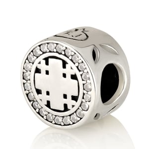 Sleek Cylindrical Jerusalem Cross Bead Charm in 925 Sterling Silver with Zircons