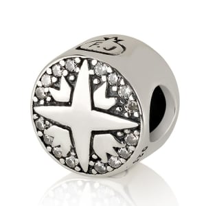 Emuna Studio Rhodium Plated Silver Cylindrical Star of Bethlehem Bead Charm with CZ Border