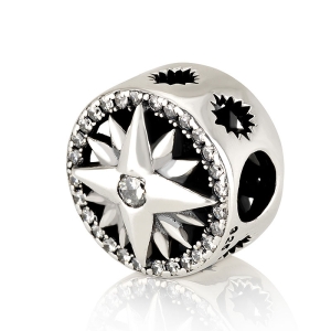 Emuna Studio Rhodium Plated Silver Cylindrical Cutout Star of Bethlehem Bead Charm with CZ Border