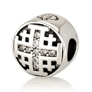 Cylindrical Jerusalem Cross Bead Charm with White Zircon Accents in 925 Sterling Silver