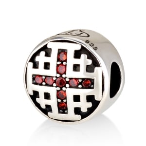 Cylindrical Jerusalem Cross Bead Charm with Red Zircon Accents in 925 Sterling Silver