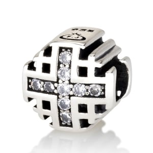 Openwork 925 Sterling Silver Cylindrical Jerusalem Cross Bead Charm with Zircons