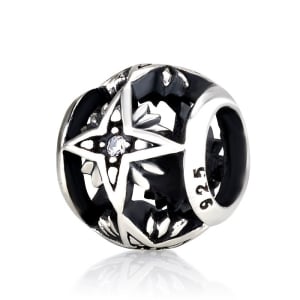 Emuna Studio Rhodium Plated Silver Round Cutout Star of Bethlehem Bead Charm with CZ Accents